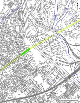 A map crossed by a line showing the line of the Roman road